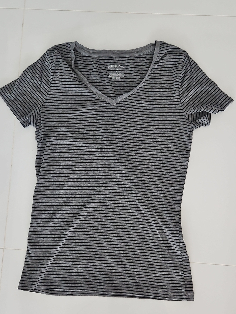 Merona Black & Gray Striped V-Neck Short Sleeve Tee